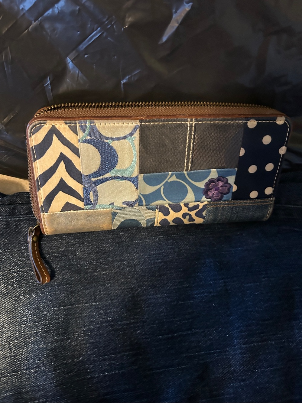 Coach Patchwork Floral Denim Zip Wallet - Blue, Purple, Tan - Picture 11 of 12